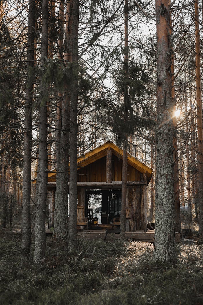 Services Tranquil scene of a rustic wooden cabin surrounded by a serene forest.
