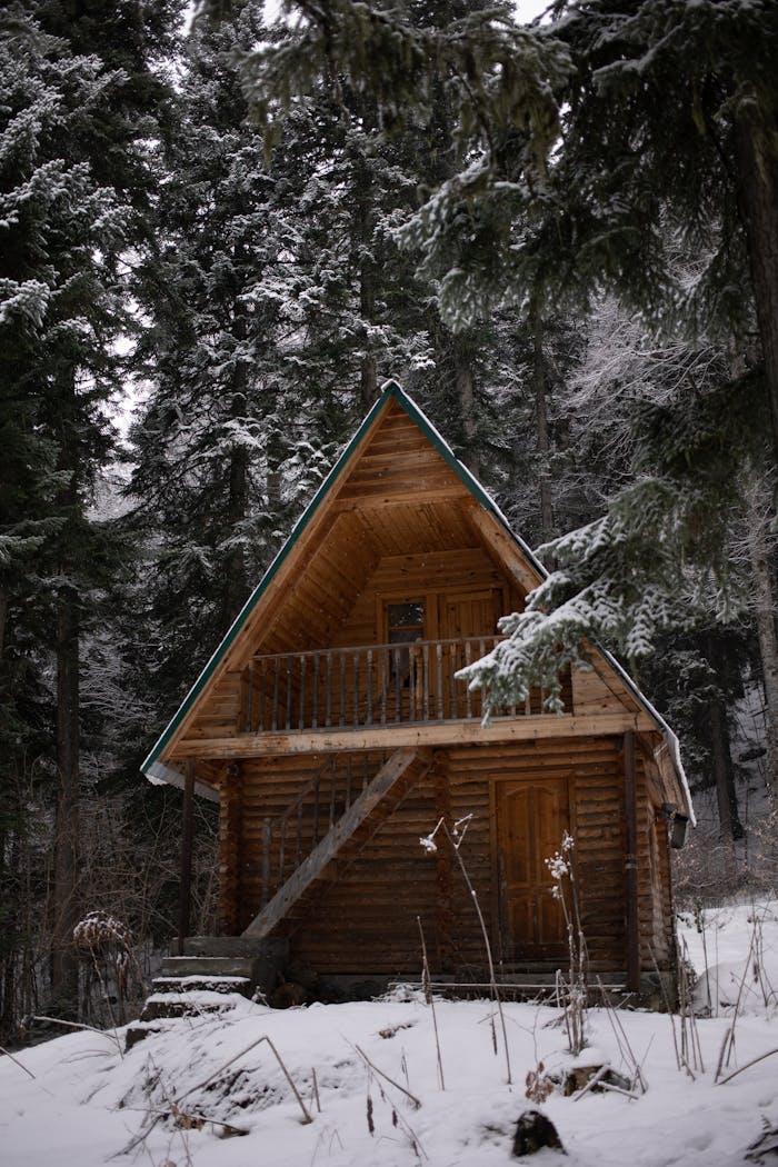 Crafting Captivating Headlines: Your awesome post title goes here Rustic log cabin surrounded by snow-covered trees in a serene forest setting.