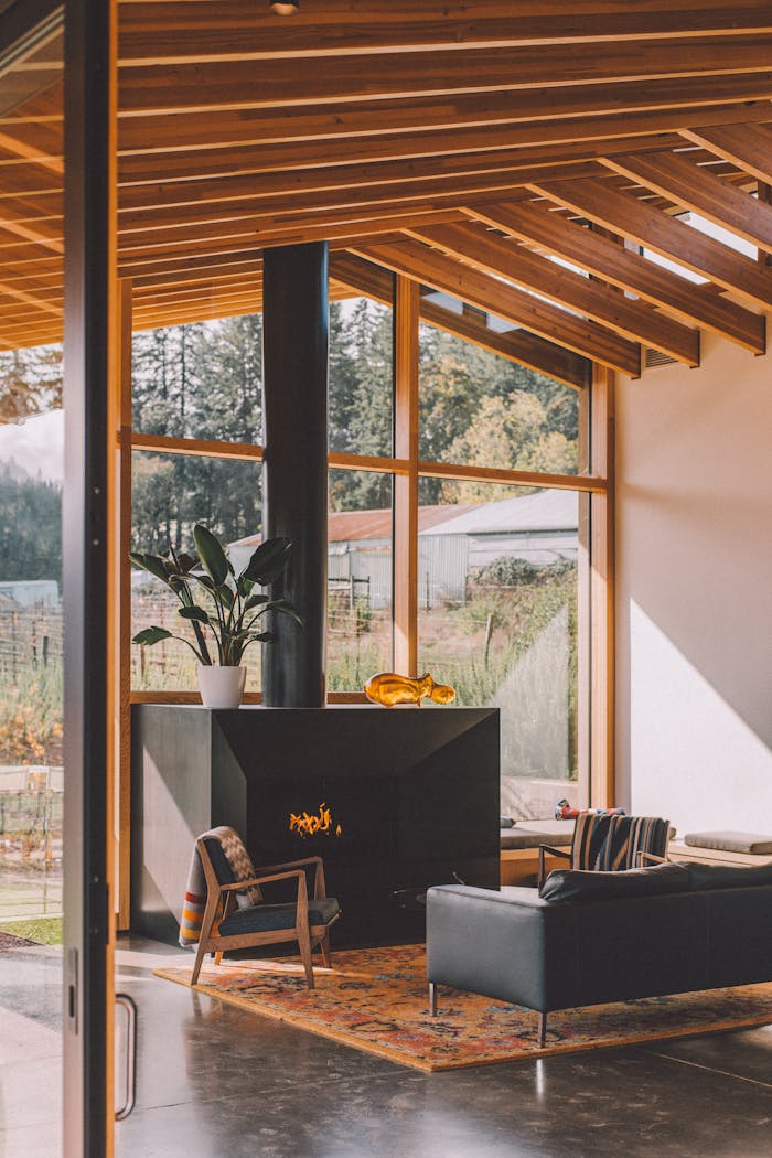Services Sunlit modern living room with fireplace and glass wall, offering comfort and style.