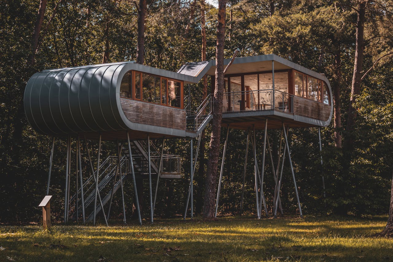 About Explore contemporary treehouse design elevated among lush, green forest trees.