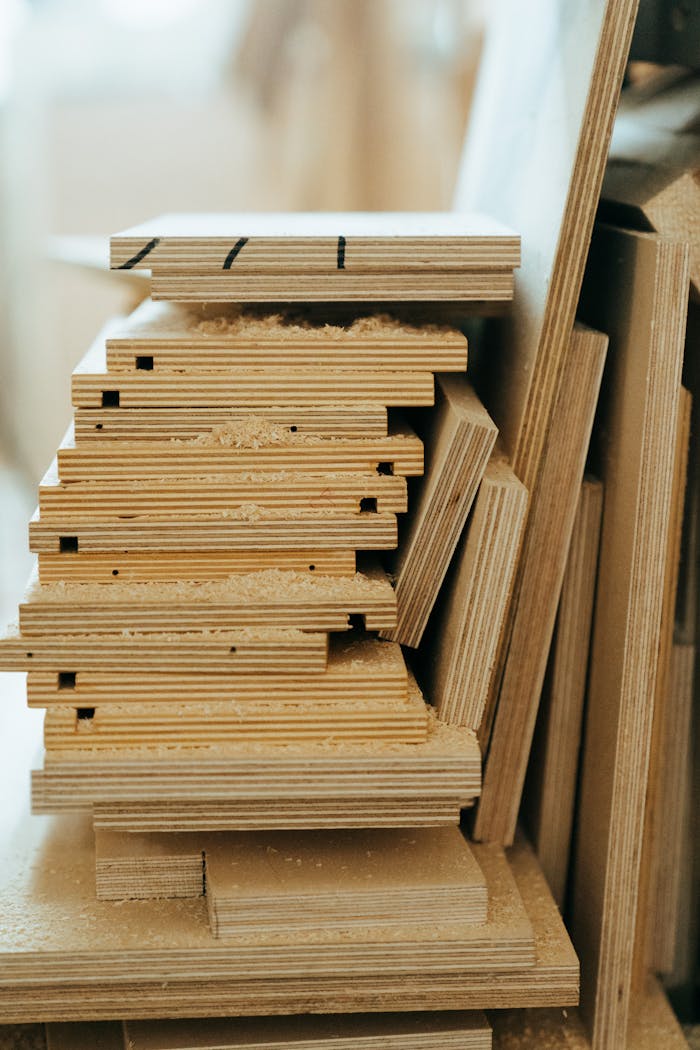 About Close-up of stacked plywood sheets in a workshop, showcasing woodworking materials and textures.